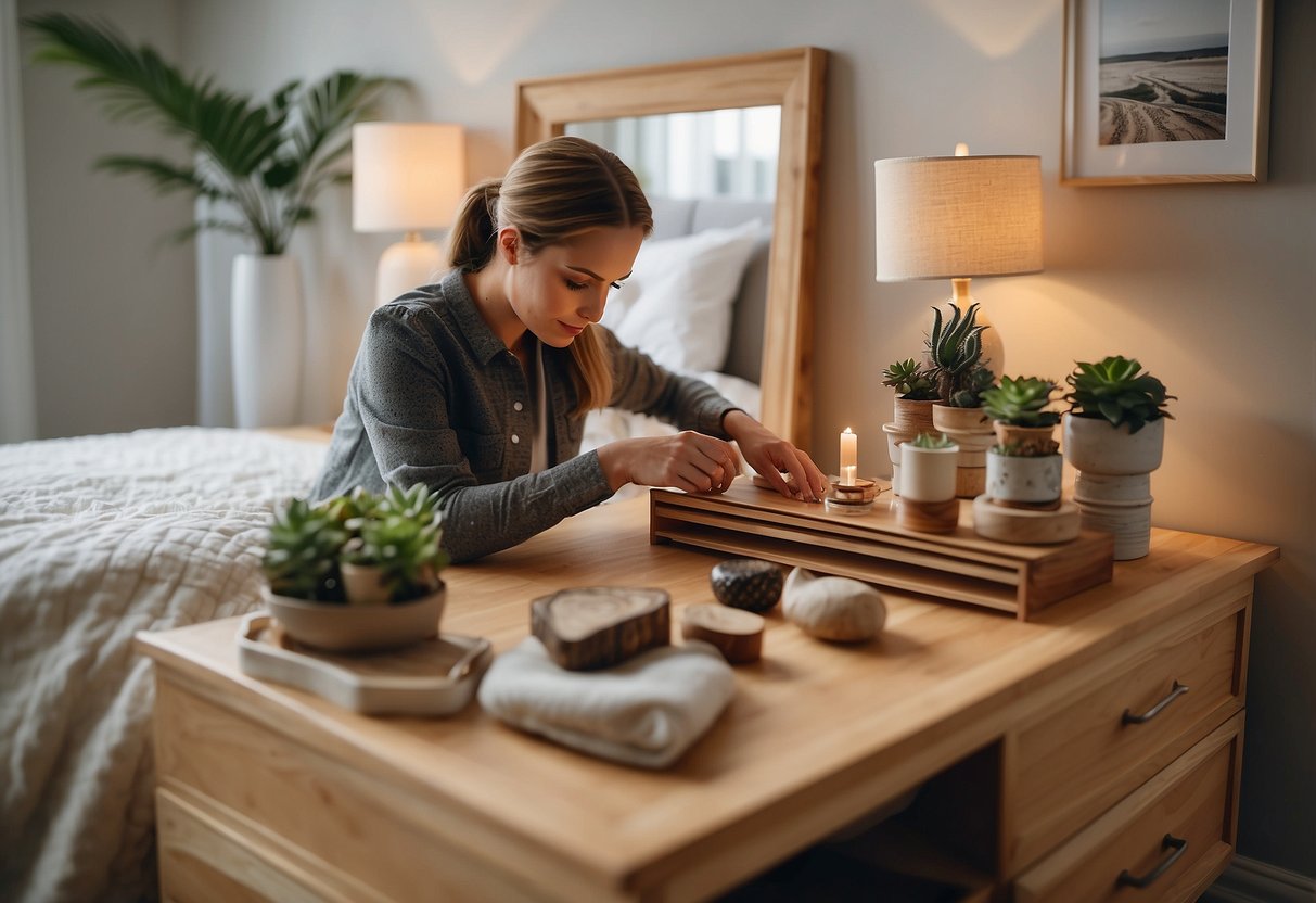 A person carefully arranging decorative items on light wood bedroom furniture
