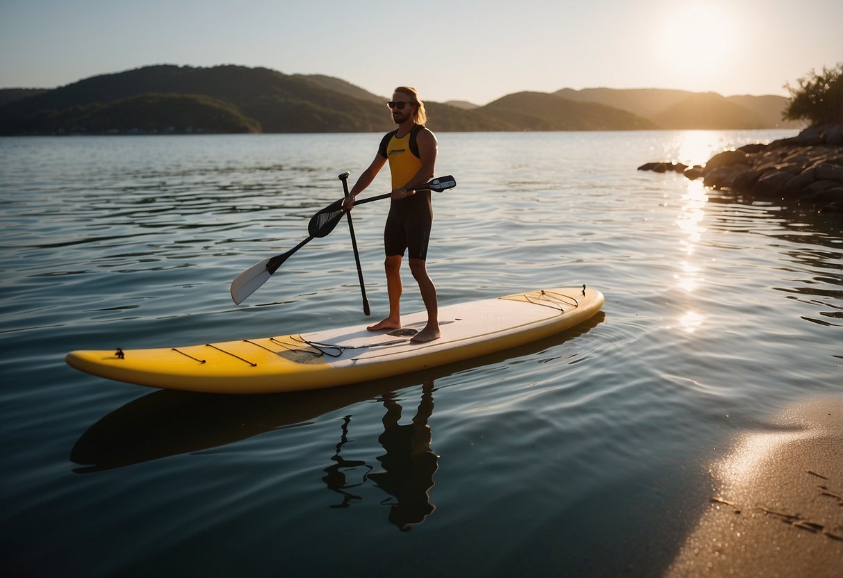 Two paddleboards gliding across calm waters, with a distant shoreline in the background. The sun is shining, creating a warm and inviting atmosphere for a long paddleboarding trip