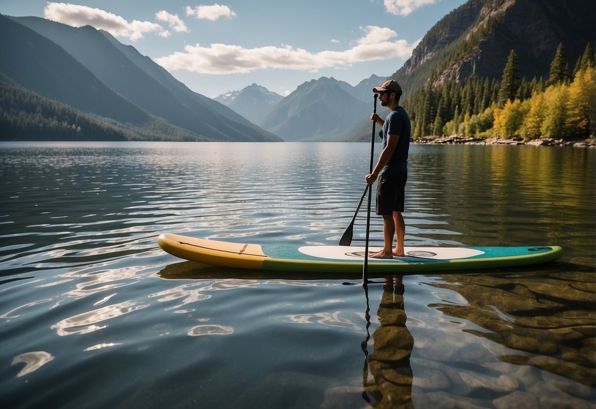 A paddleboarder stands on a calm, sunlit lake, surrounded by mountains. Their board is loaded with supplies, and they appear focused and determined, ready for a long journey