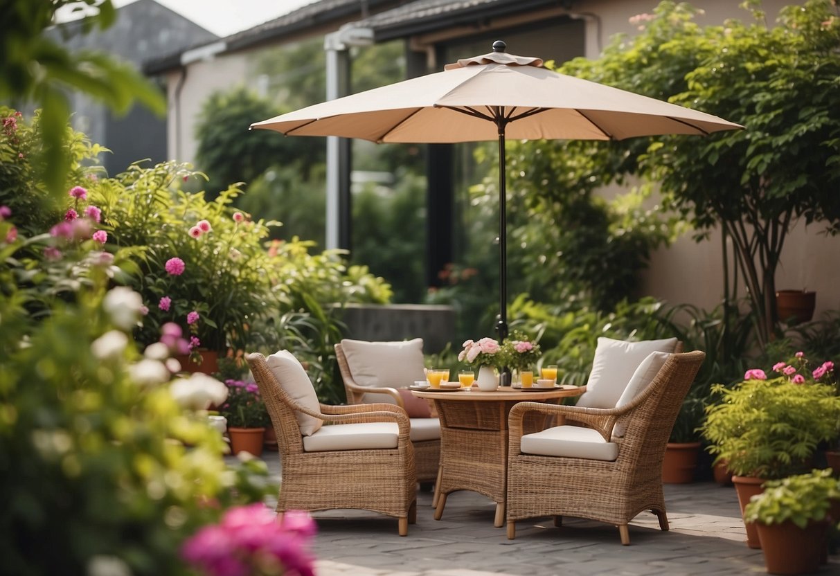 A cozy outdoor patio with a set of rattan garden furniture, surrounded by lush green plants and colorful flowers, protected by a large umbrella