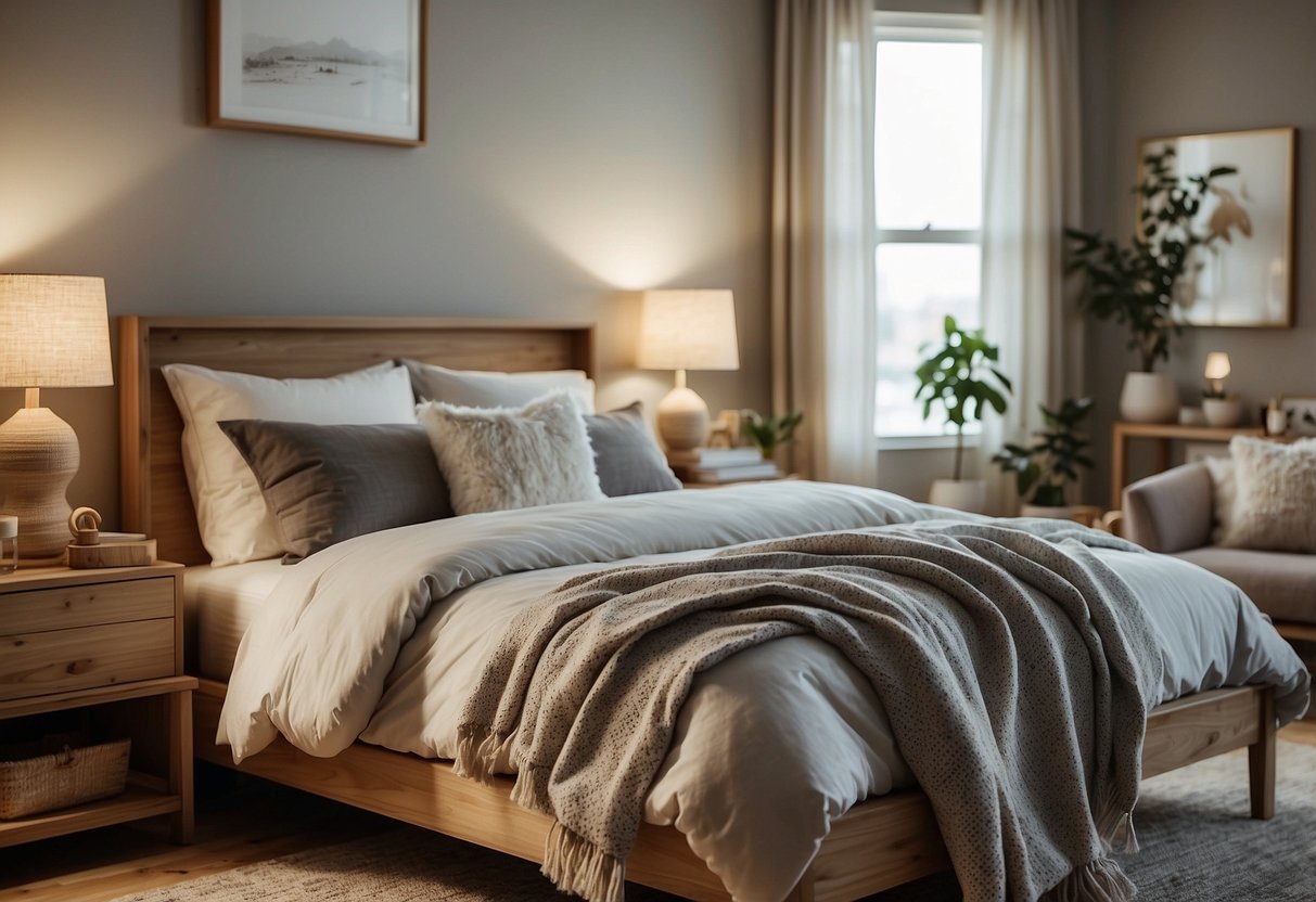 A cozy bedroom with light wood furniture, including a bed, nightstand, and dresser. Soft lighting and neutral colors create a calming atmosphere