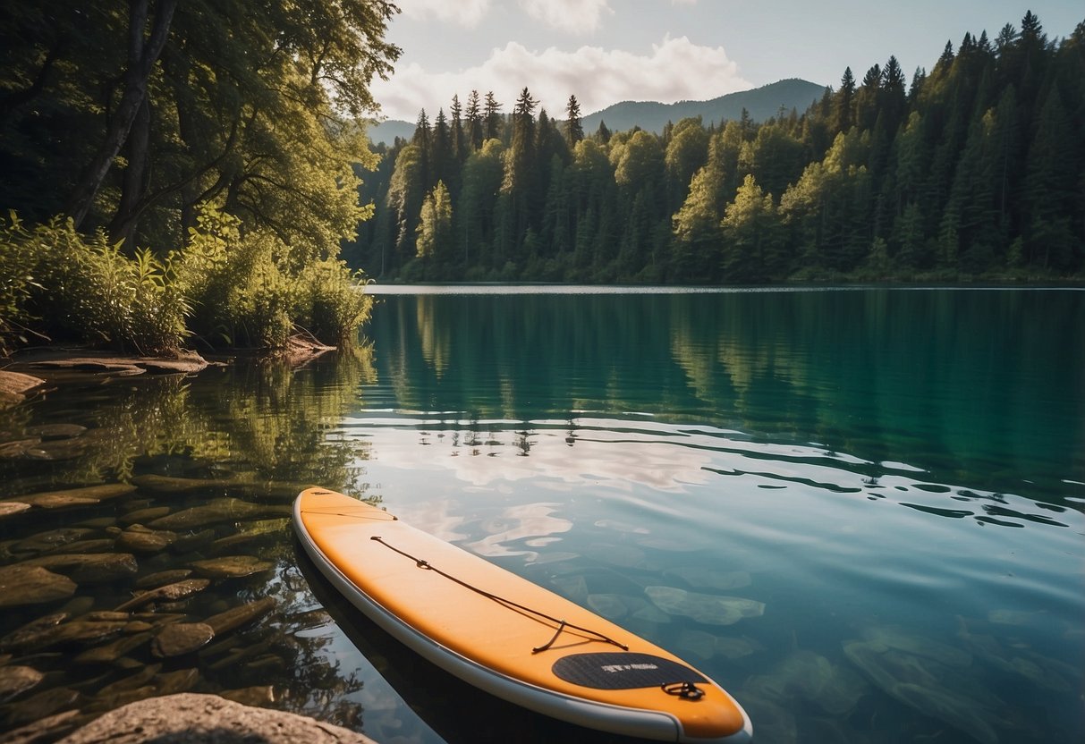 A serene lake with calm waters, surrounded by lush greenery. A paddleboard rests on the shore, with a pair of comfortable, quick-drying pants laid out beside it