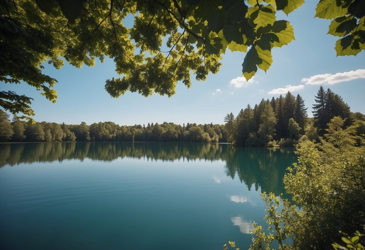 A serene lake with a paddleboard floating on calm waters, surrounded by lush greenery and a clear blue sky