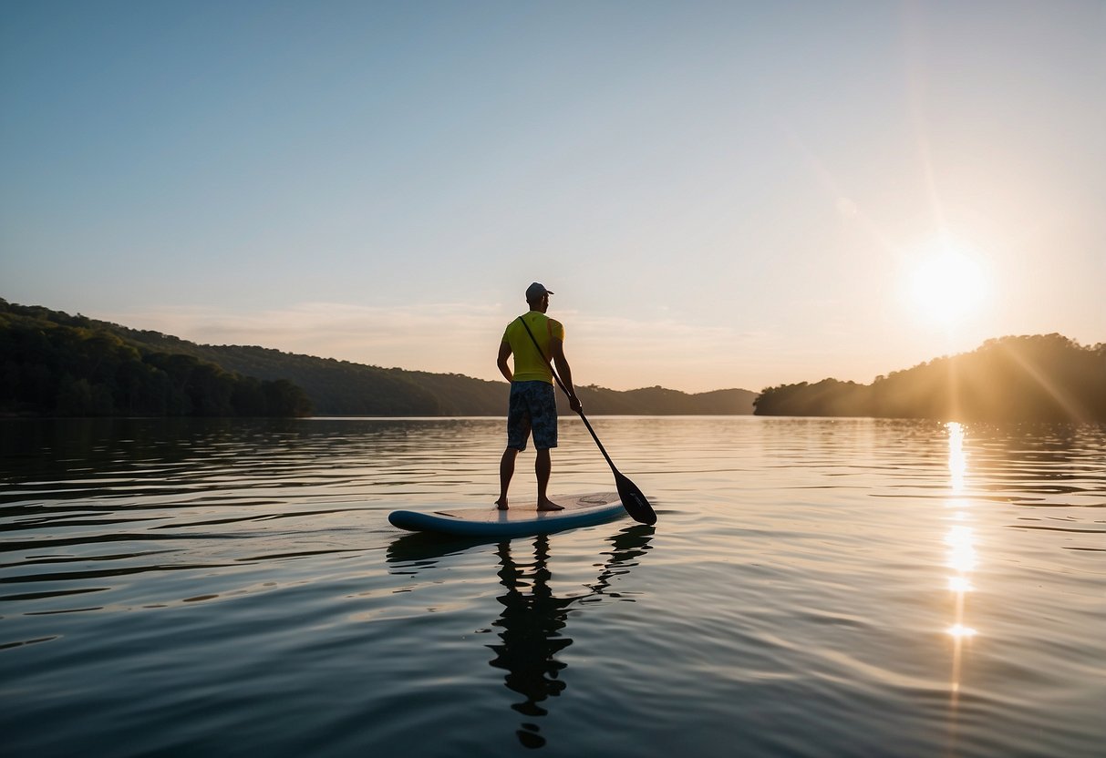 A person wearing NRS H2Core Lightweight Pants paddleboards comfortably on calm water, with the sun shining and a serene backdrop of nature