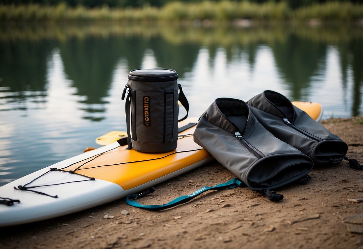 A pair of BALEAF Men's Waterproof Hiking Pants laid out next to a paddleboard, with a serene lake or river in the background