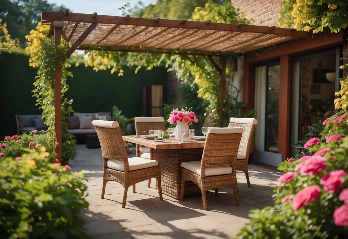 A cozy outdoor patio with a rattan dining set, surrounded by lush greenery and colorful flowers. A pergola provides shade, and a small table displays a stack of brochures with "Frequently Asked Questions best rattan garden furniture" printed