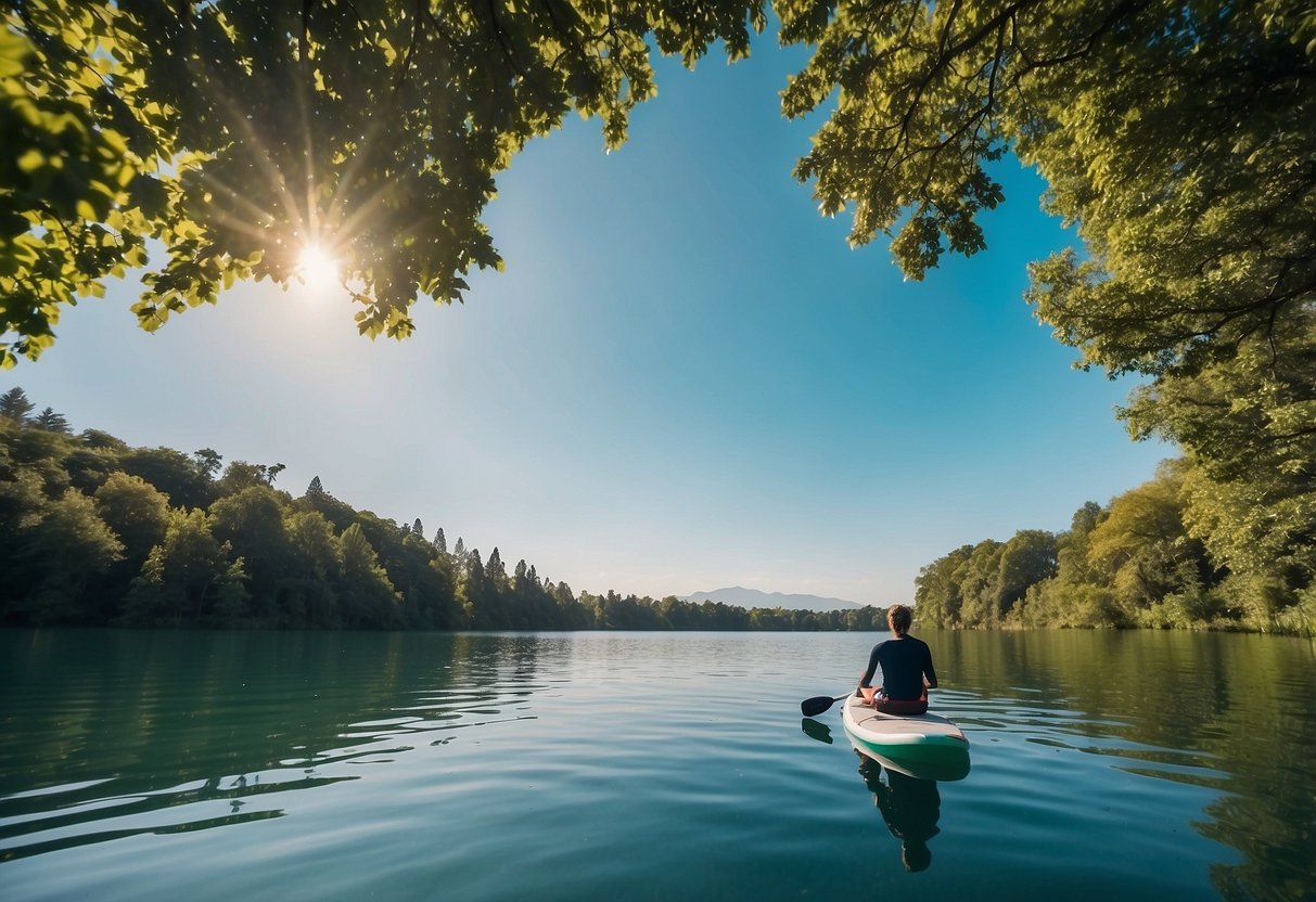 A tranquil lake with a paddleboard floating on the water, surrounded by lush greenery and a clear blue sky above