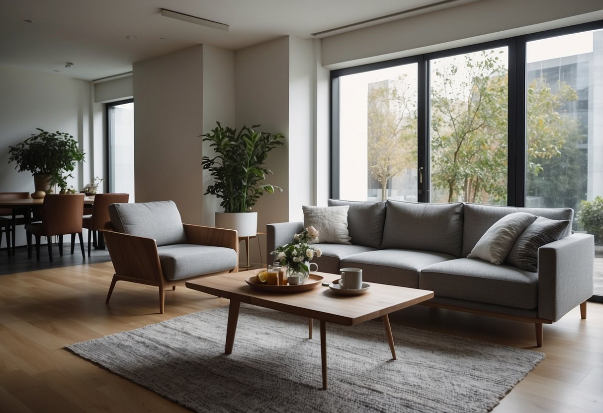 A cozy living room with modern expat furniture, including a sleek sofa, a stylish coffee table, and a contemporary armchair. The room is filled with natural light from large windows, creating a warm and inviting atmosphere