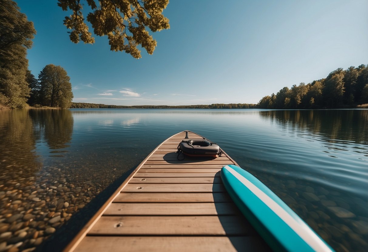 A calm lake with a paddleboard, surrounded by serene nature and a clear blue sky