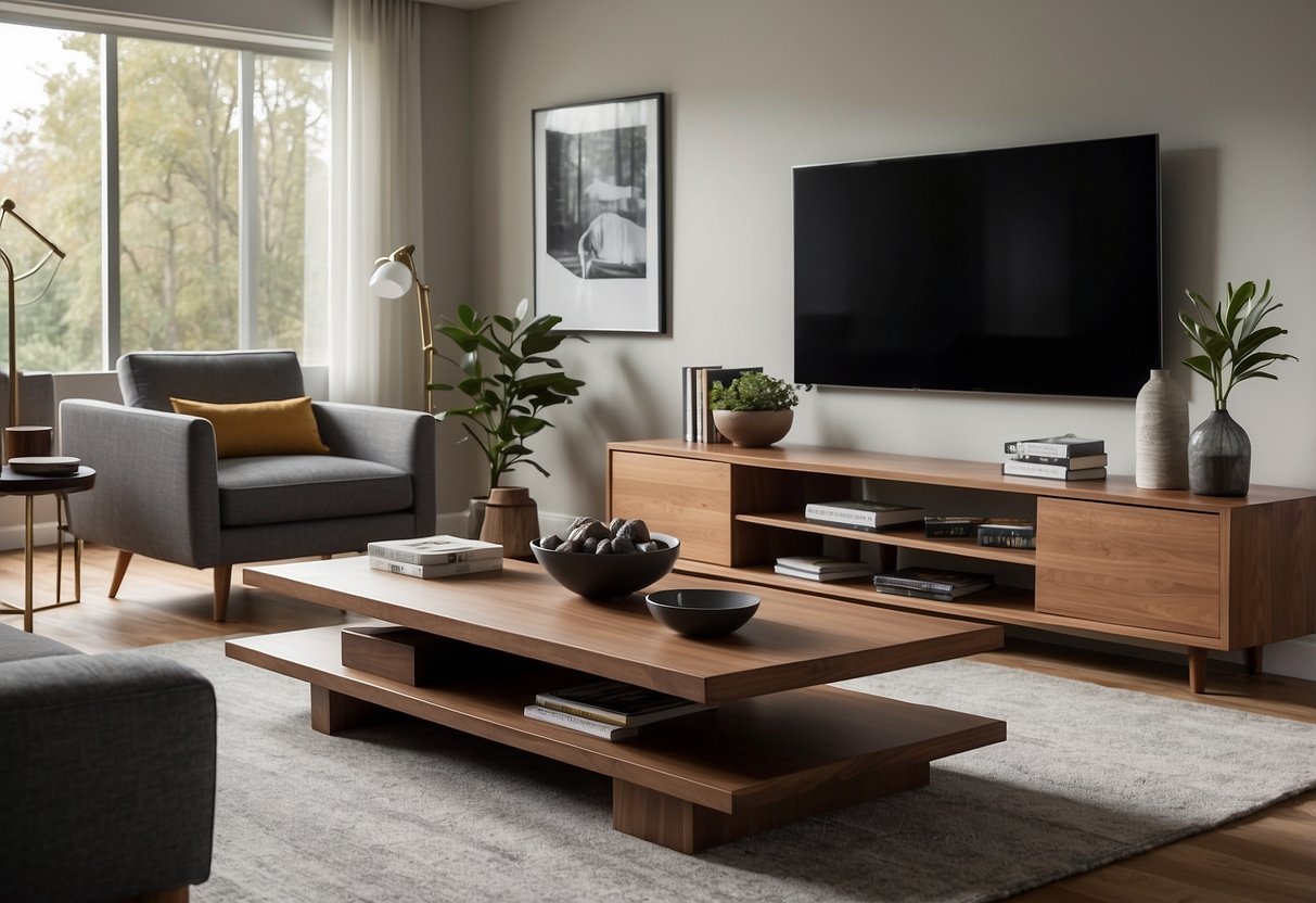 A modern living room with a sleek engineered wood coffee table, bookshelf, and TV stand. Clean lines and smooth surfaces showcase the durability and versatility of engineered wood furniture