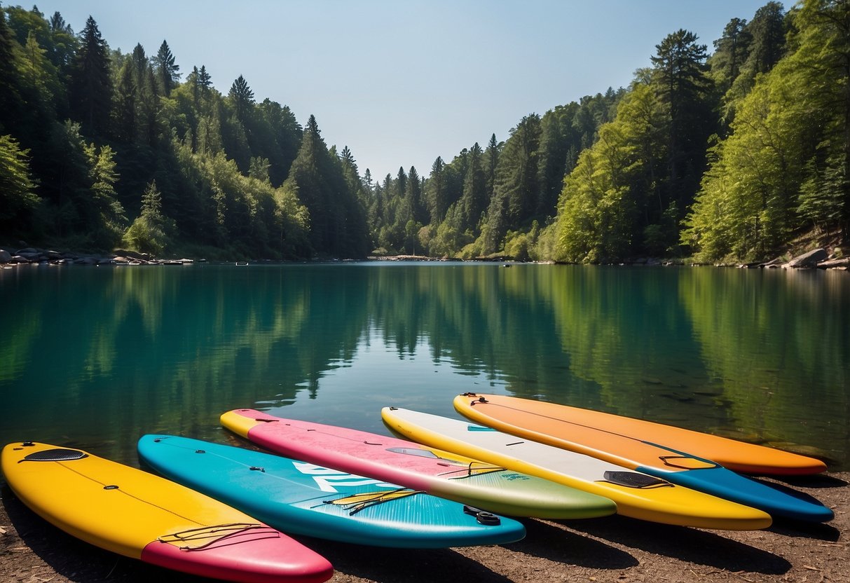 A serene lake with colorful paddleboards lined up on the shore, surrounded by lush green trees and a clear blue sky above