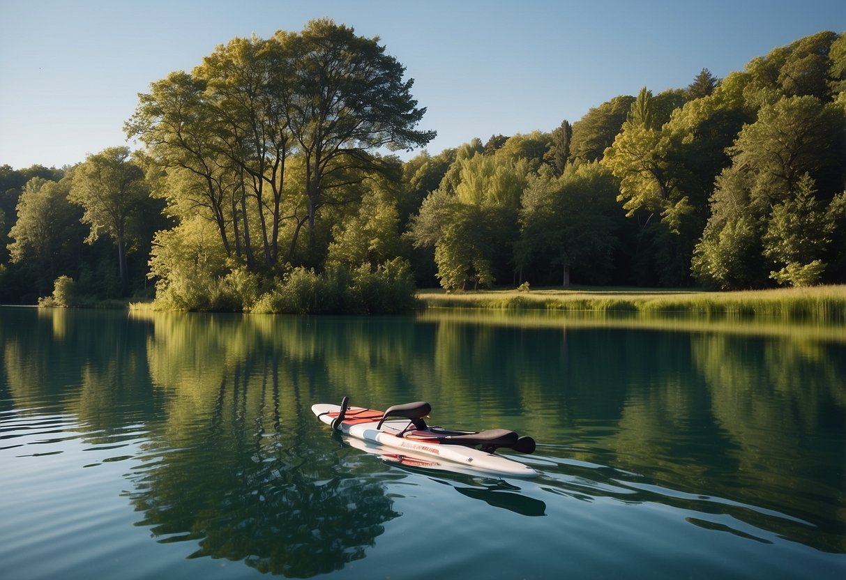 A serene lake with a paddleboard gliding across the calm water, surrounded by lush green trees and a clear blue sky above