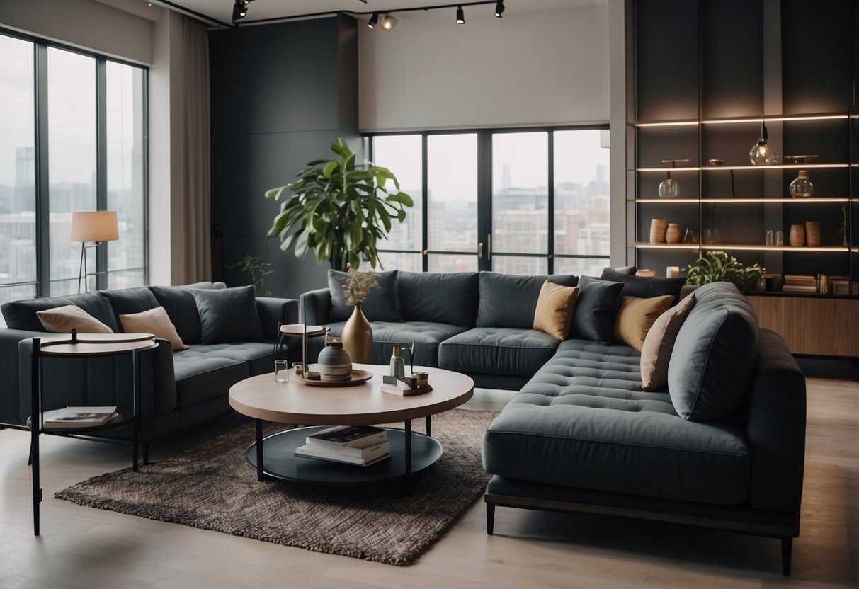 A couple selects modern furniture for their new expat home, browsing through sleek sofas and elegant dining sets in a spacious showroom