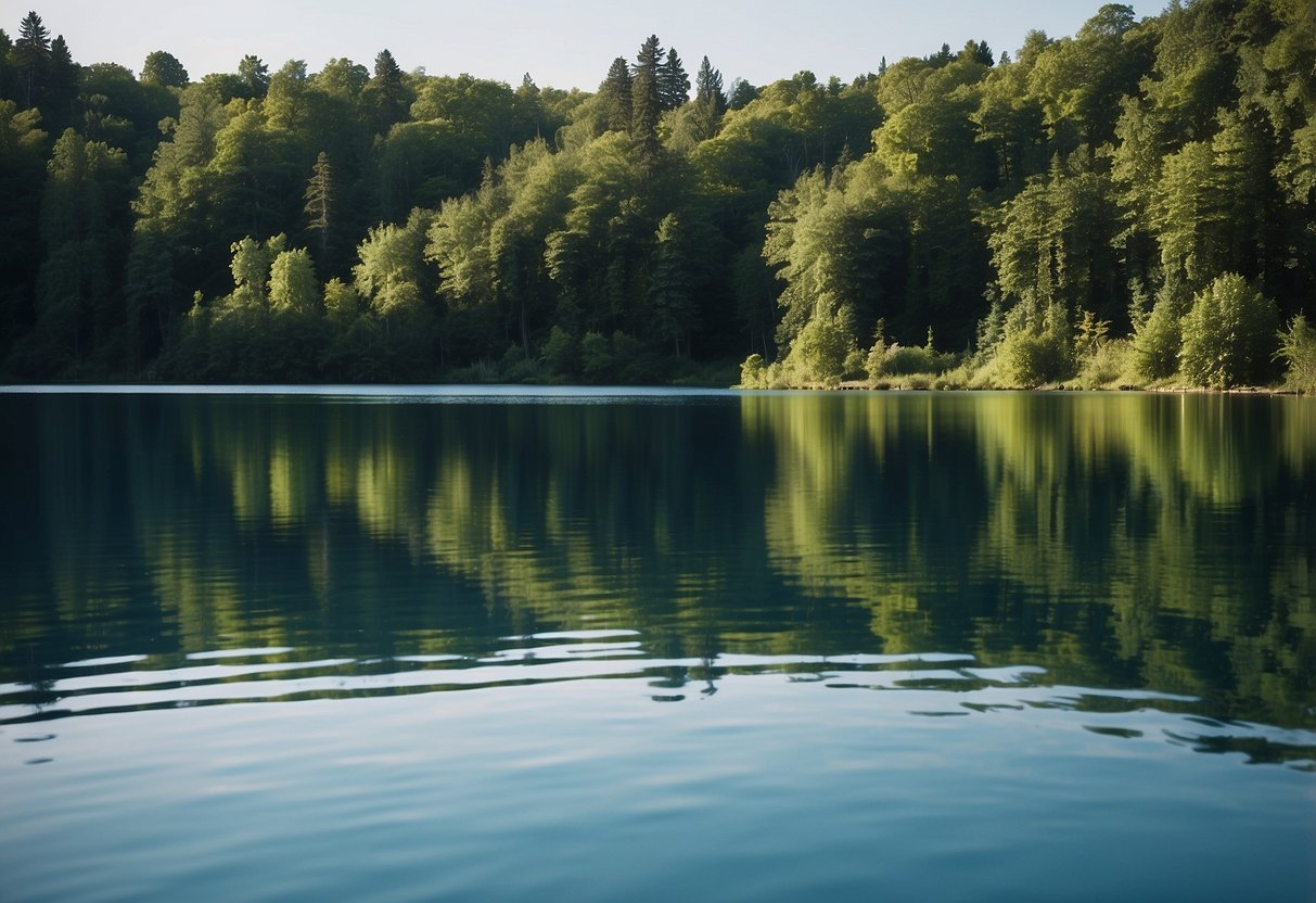 A serene lake with a paddleboard floating on the calm water, surrounded by lush green trees and a clear blue sky above