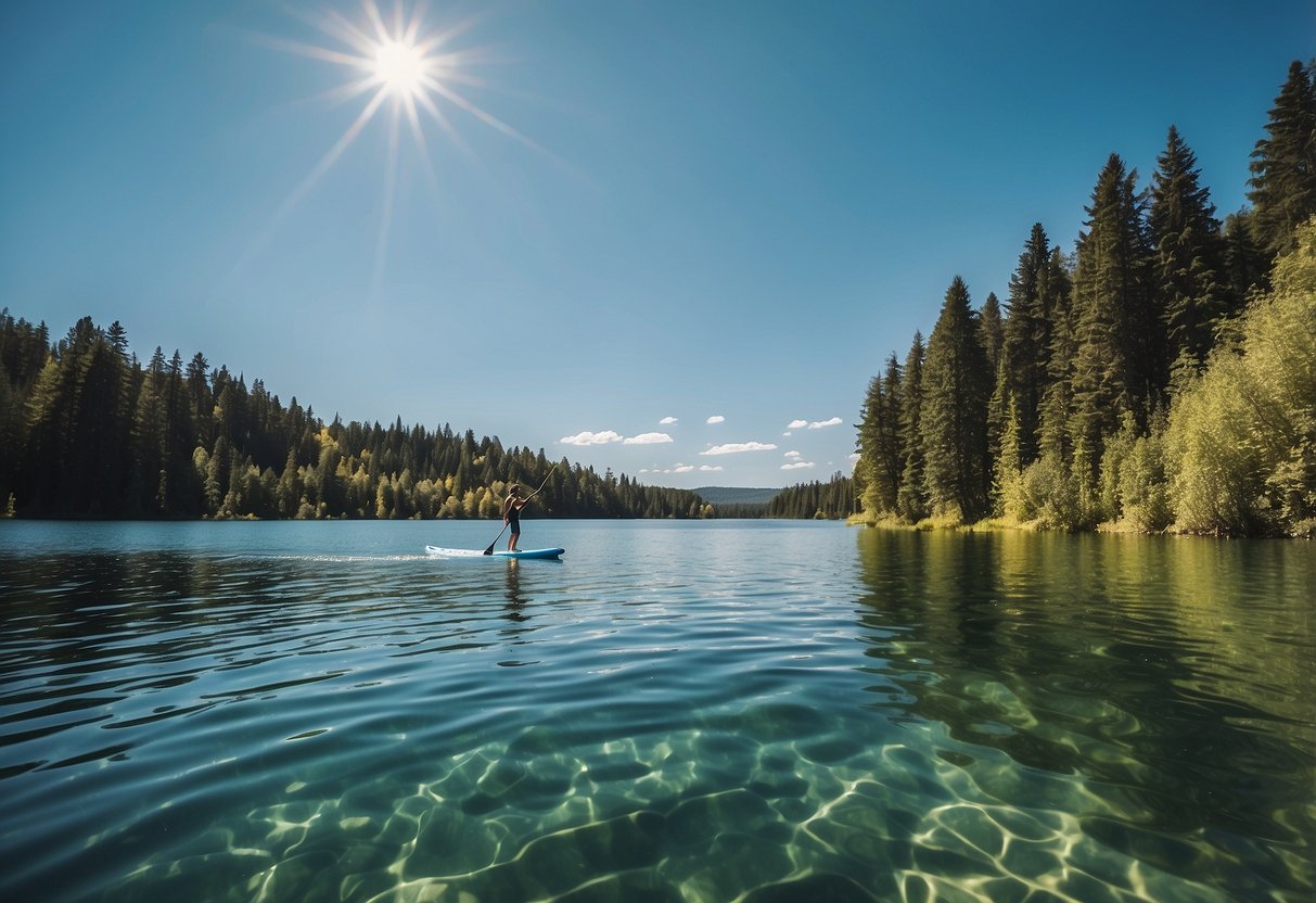 A serene lake with a paddleboarder gliding across the water, surrounded by lush green trees and a clear blue sky. The paddleboarder uses a mobile app to track their route and monitor their progress