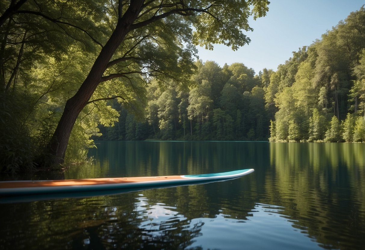 A serene lake with a paddleboard floating on the calm water, surrounded by lush green trees and a clear blue sky overhead