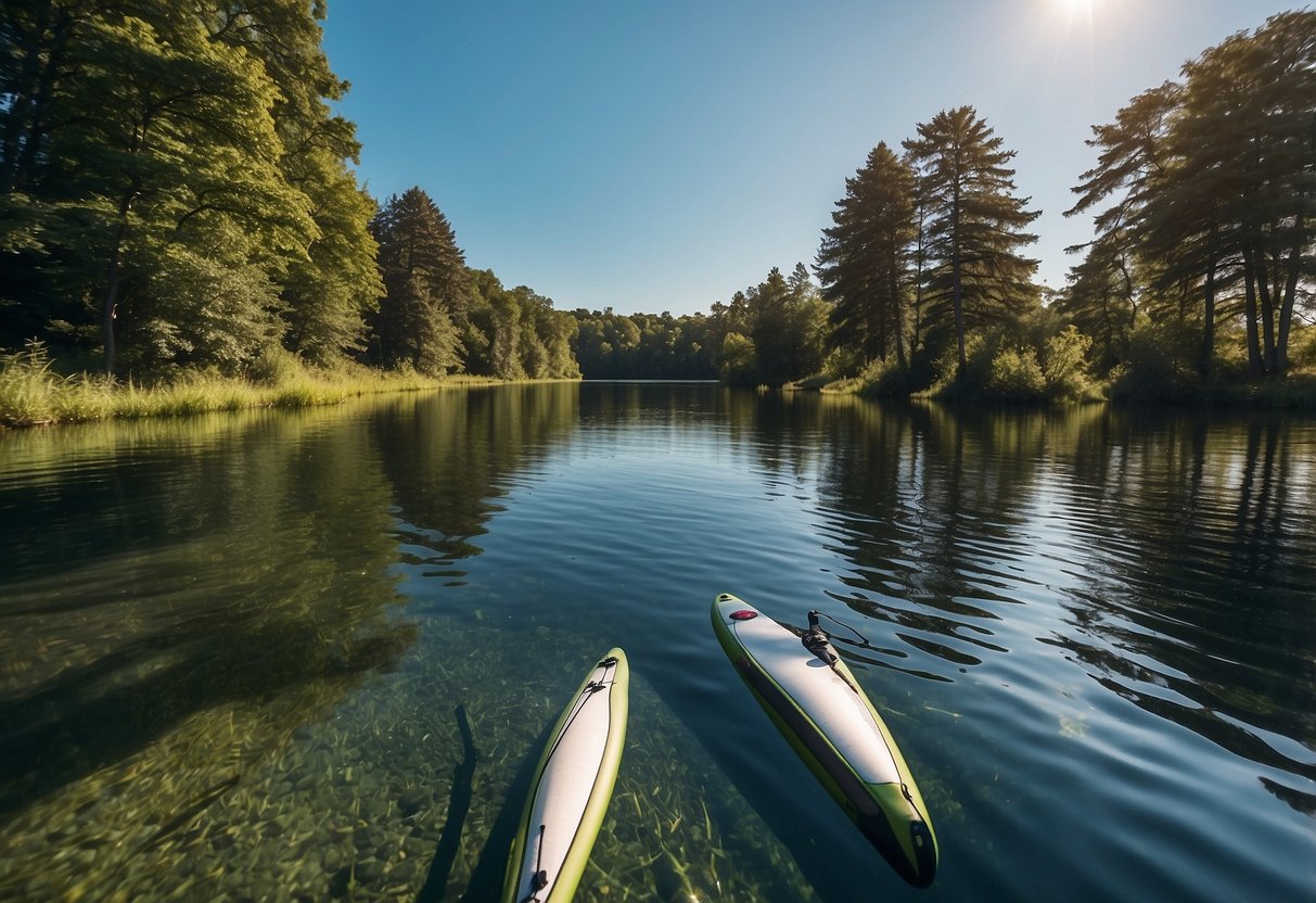 A tranquil lake with paddleboards gliding across the water, surrounded by lush greenery and a clear blue sky overhead