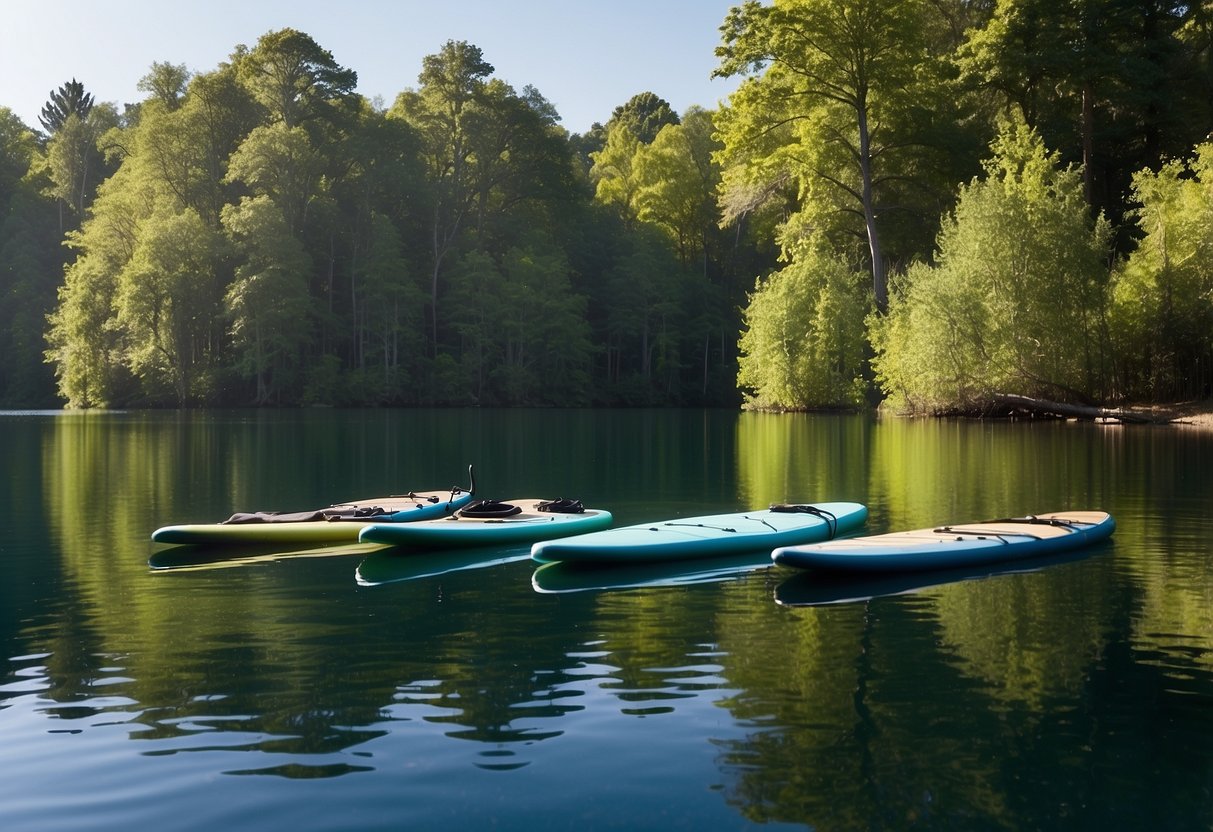 A serene lake with paddleboards on the shore, surrounded by lush green trees and a clear blue sky. The sunlight reflects off the calm water, creating a peaceful and inviting atmosphere