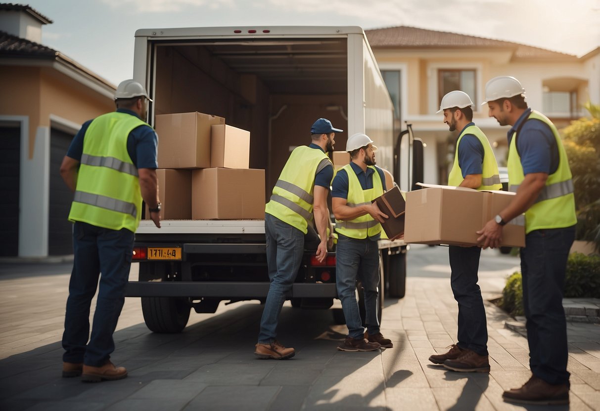 A moving truck unloading furniture at an expat's new home, with workers carrying boxes and assembling furniture
