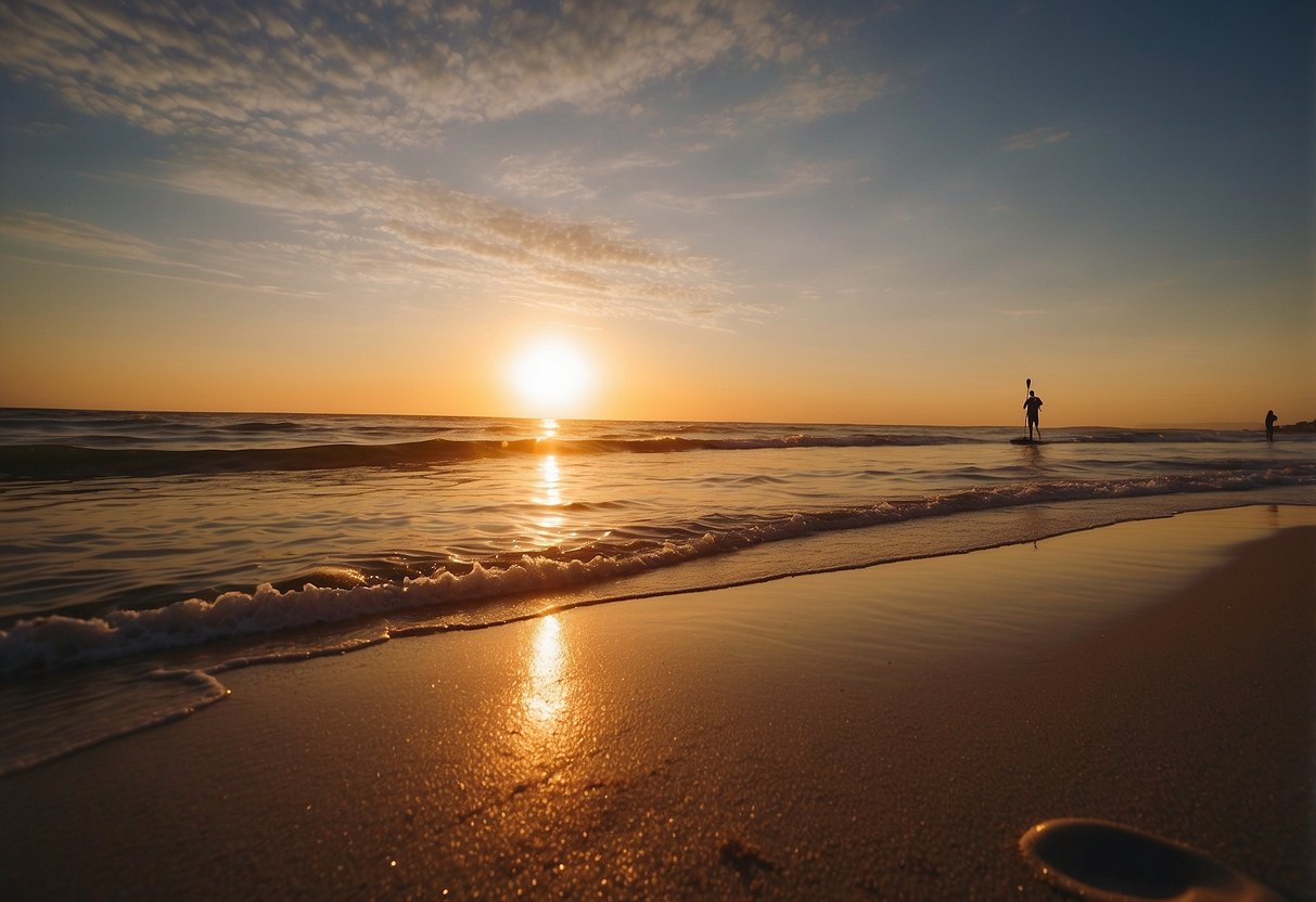 The sun sets over a calm ocean, as waves crash against the shore. A stand-up paddleboard sits on the sand, ready for adventure