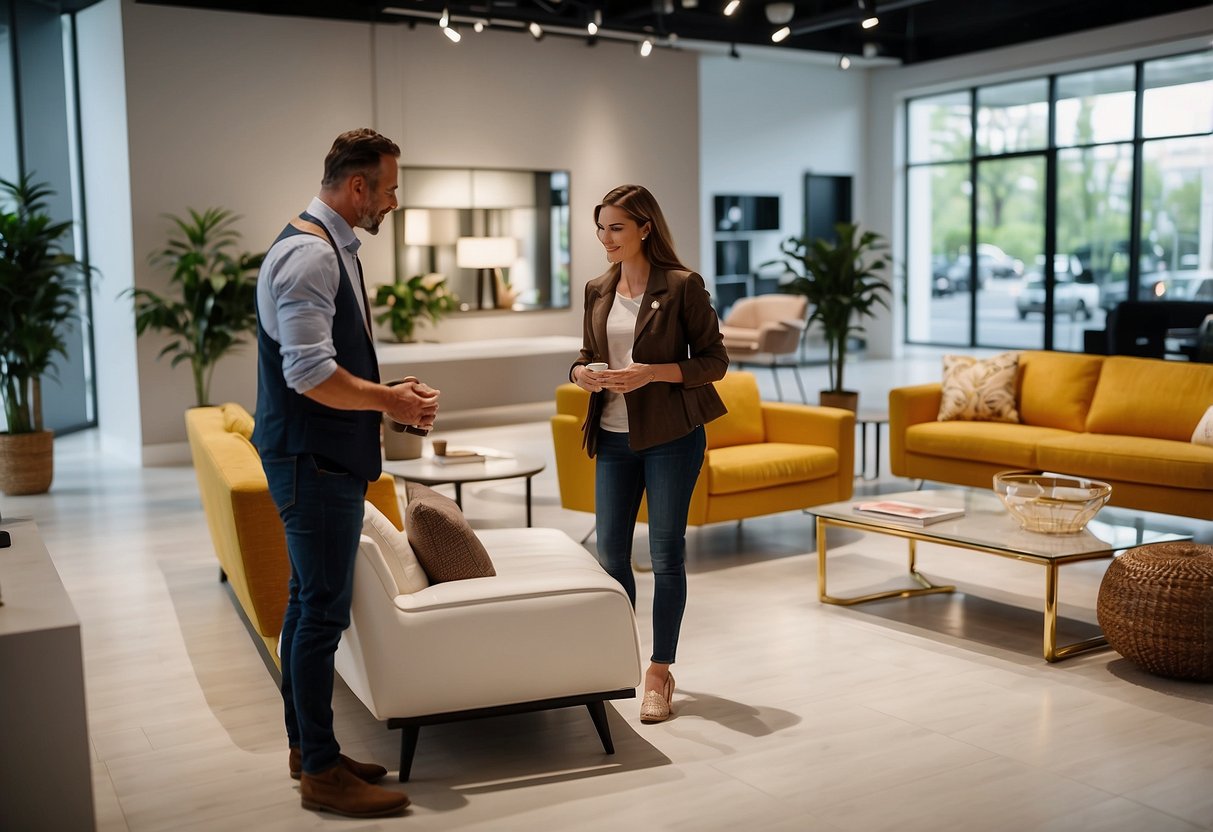 A customer enters a bright, modern furniture showroom. They browse through the sleek Brighton Furniture collection, admiring the clean lines and elegant designs