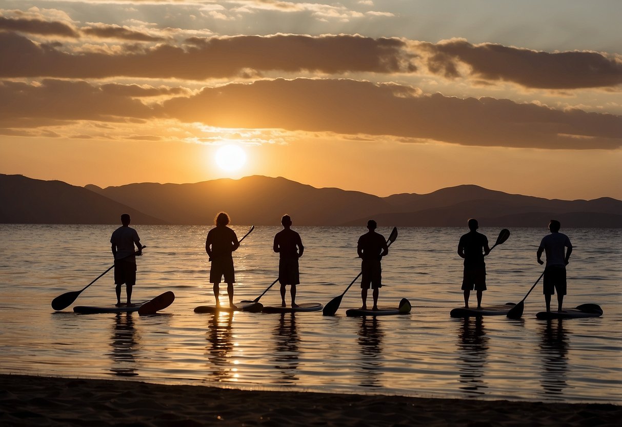 The sun sets over calm waters, with paddleboards lined up on the shore. A gentle breeze ripples through the air, and the silhouette of distant mountains can be seen in the background