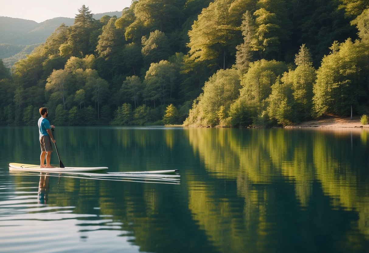 A serene lake with a paddleboarder using a smartphone app to track their progress, surrounded by lush greenery and calm waters