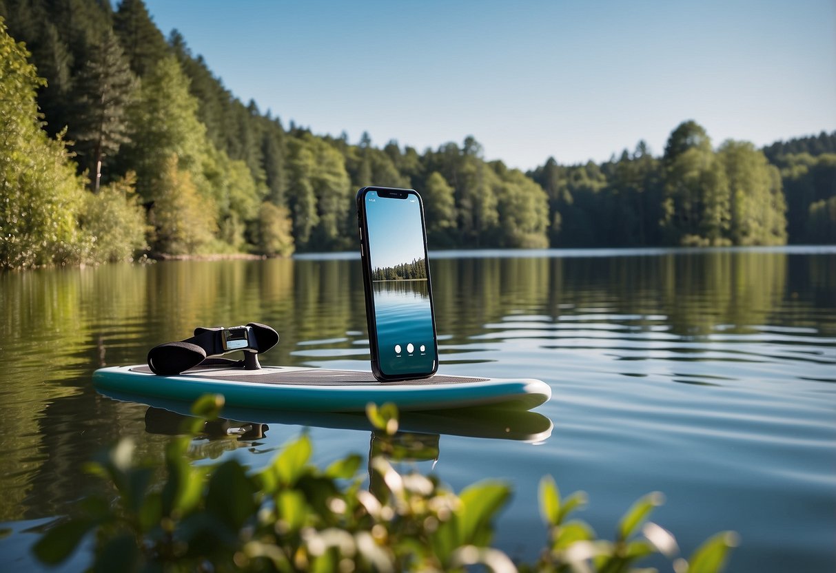 A serene lake with a stand-up paddleboard and a smartphone displaying various app icons for paddleboarding, surrounded by lush greenery and clear blue skies