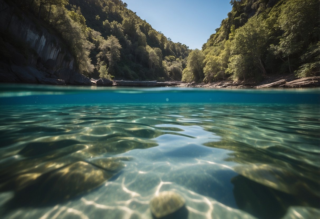 Crystal clear water reflects the vibrant blue sky. A serene, secluded cove with gentle waves and lush greenery. A perfect paddleboarding spot