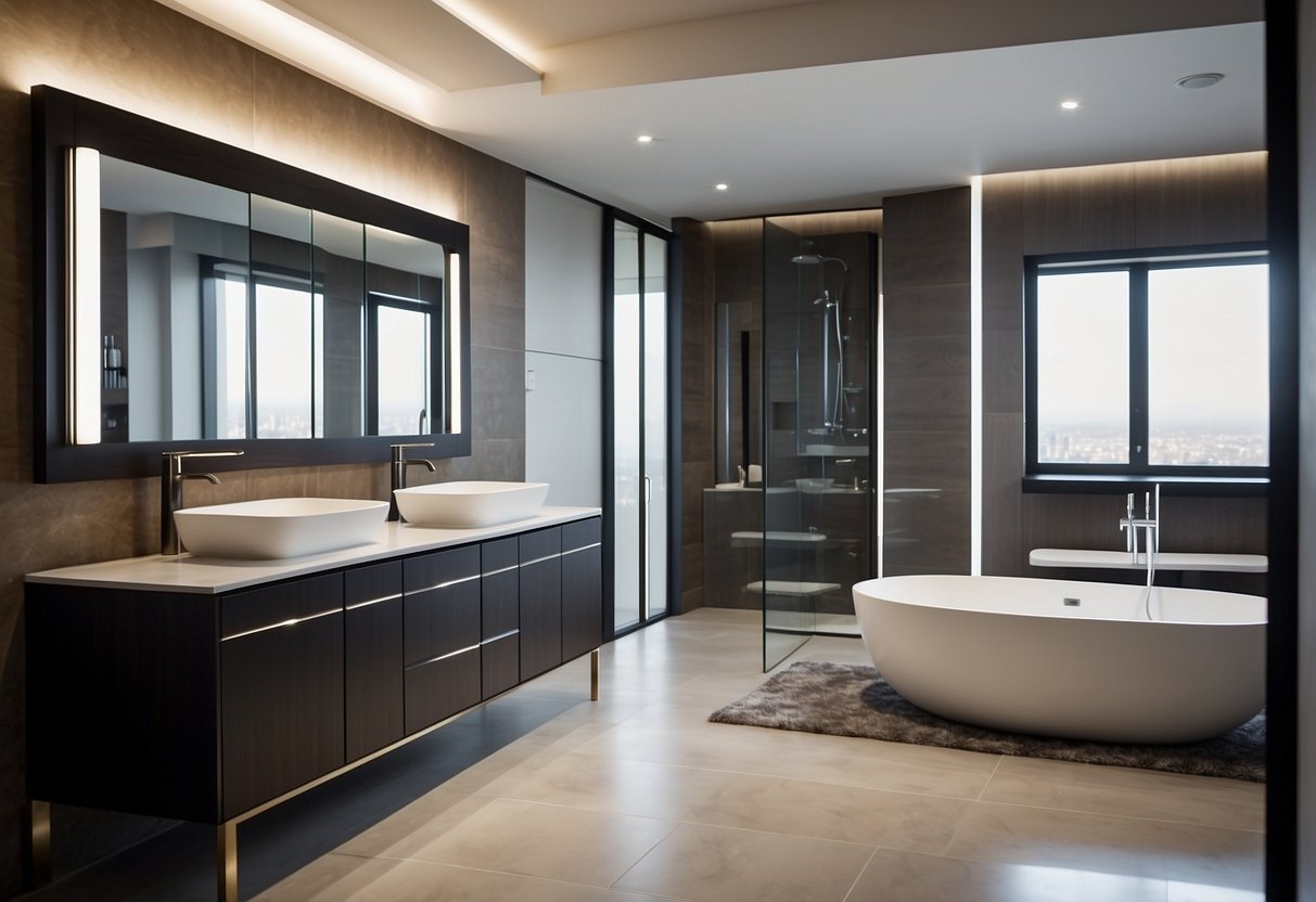 A modern, spacious bathroom with sleek, high-end furniture, including a luxurious freestanding bathtub, a contemporary double vanity with stylish mirrors, and elegant storage cabinets