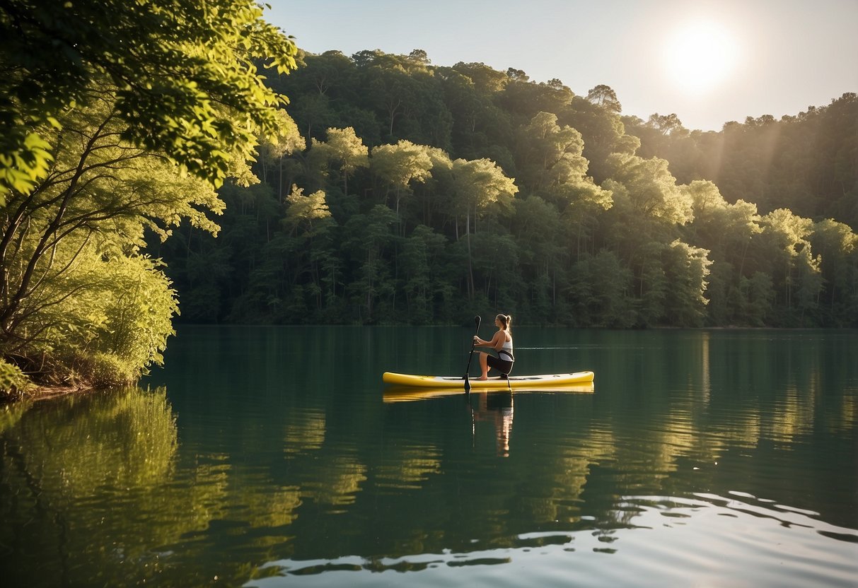 A serene lake surrounded by lush greenery, with a paddleboard resting on the shore. The sun is shining, and the water is calm, creating the perfect setting for a peaceful paddleboarding experience