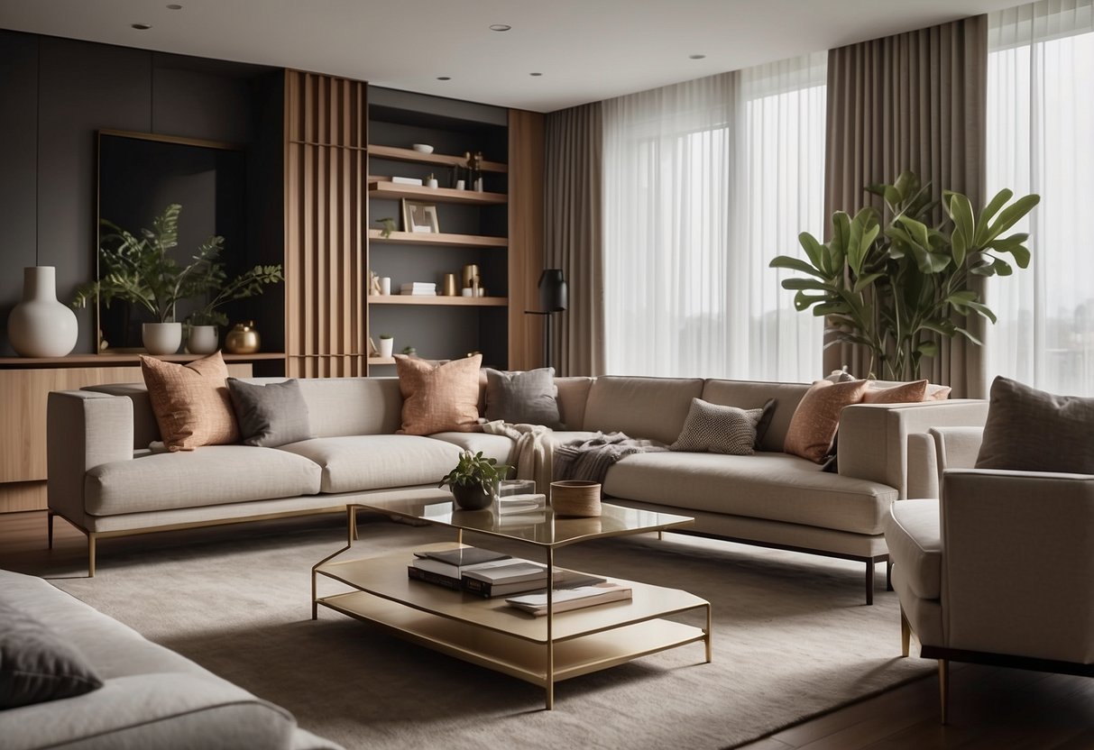 A modern living room with sleek, minimalist furniture from the Brighton collection. Clean lines, neutral colors, and stylish accents create a contemporary and inviting space