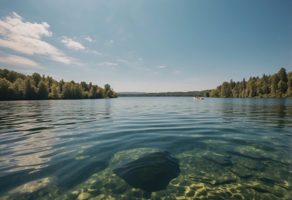 A calm lake with clear blue skies, gentle ripples on the water, and lush green surroundings. A paddleboard rests on the shore, ready for use