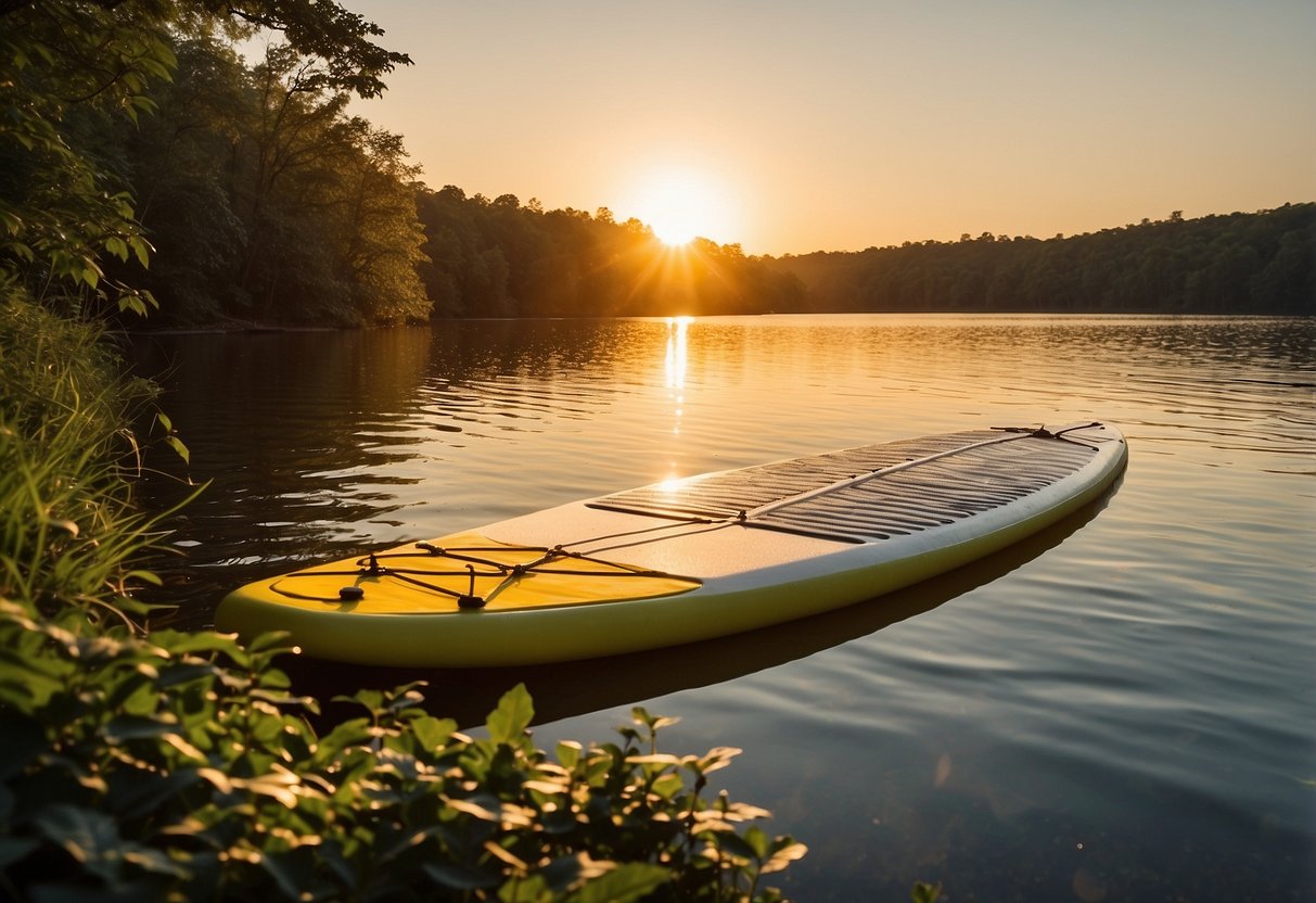 The sun sets over a serene lake, casting a warm glow on the calm waters. A paddleboard rests on the shore, surrounded by lush greenery. The only sound is the gentle lapping of the water against the shore