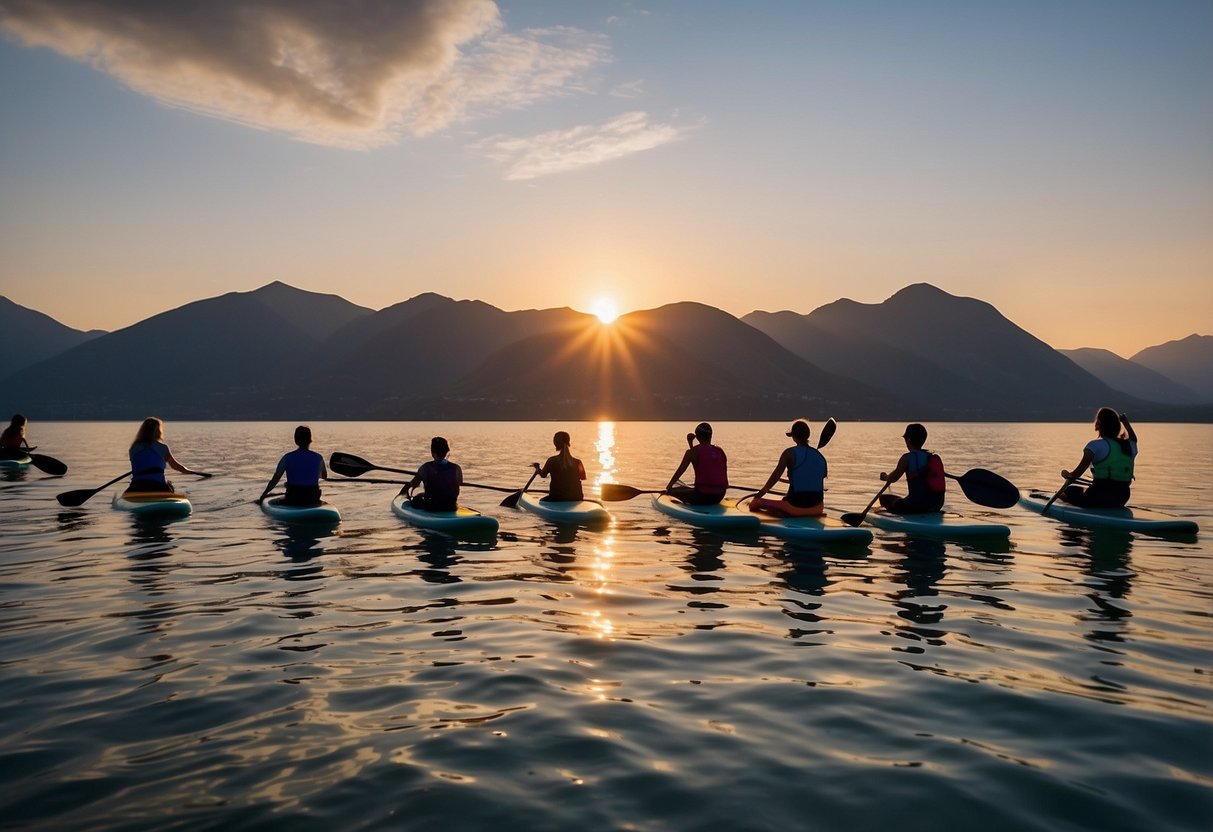 Paddleboarders gather around, sharing tips for finding the perfect spot. The sun sets over calm waters, with distant mountains in the background