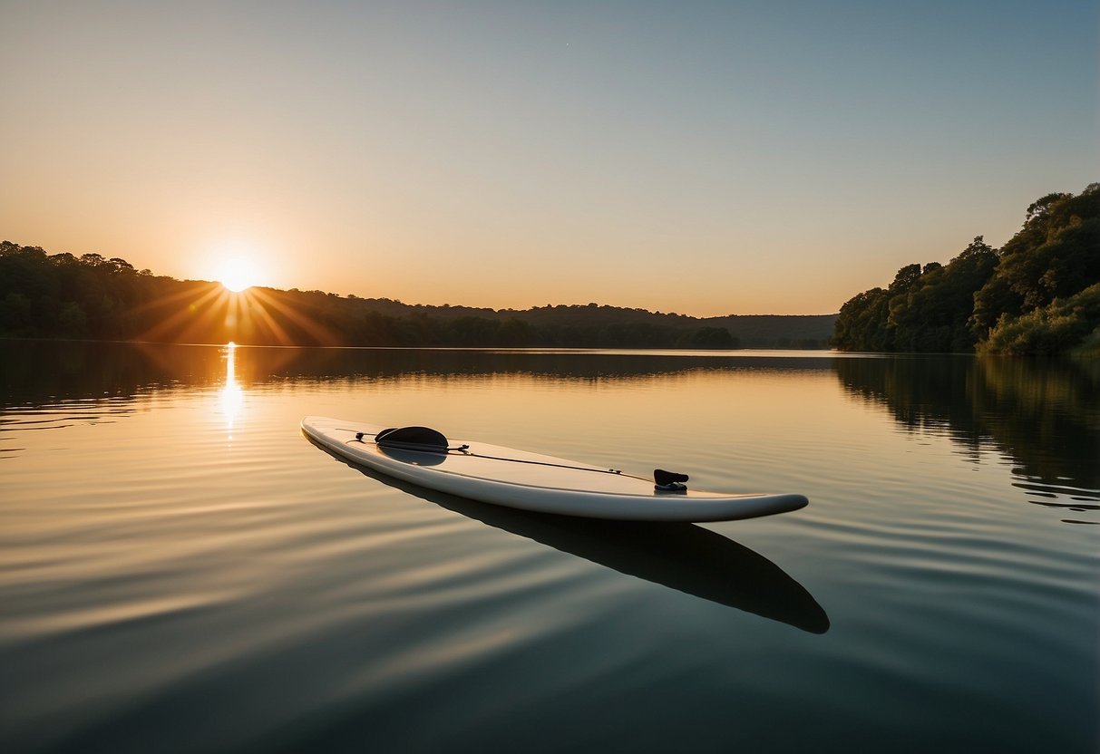 A serene lake surrounded by lush greenery, with a paddleboard resting on the calm water's edge. The sun sets in the distance, casting a warm glow over the tranquil scene