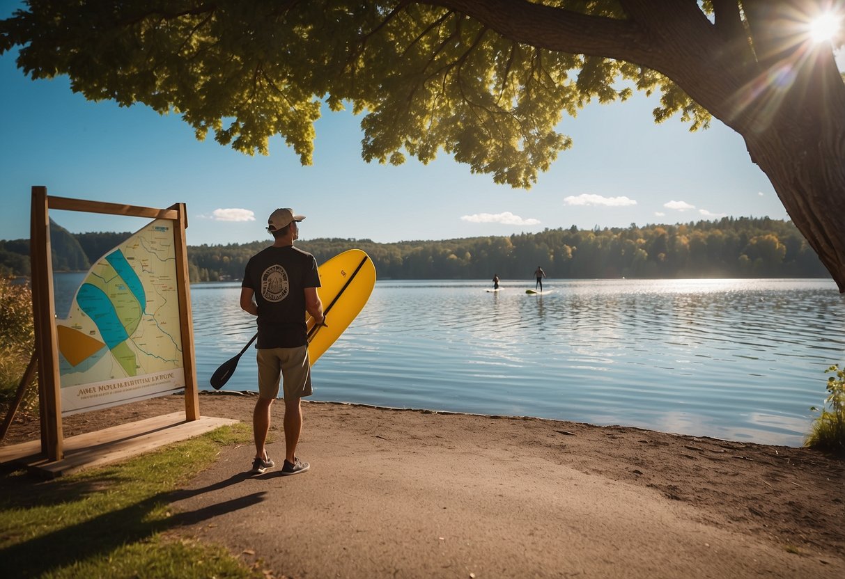 A person stands in front of a rental shop, looking at a map with paddleboarding spots marked. Nearby, a calm lake reflects the sunlight, with a few paddleboarders in the distance