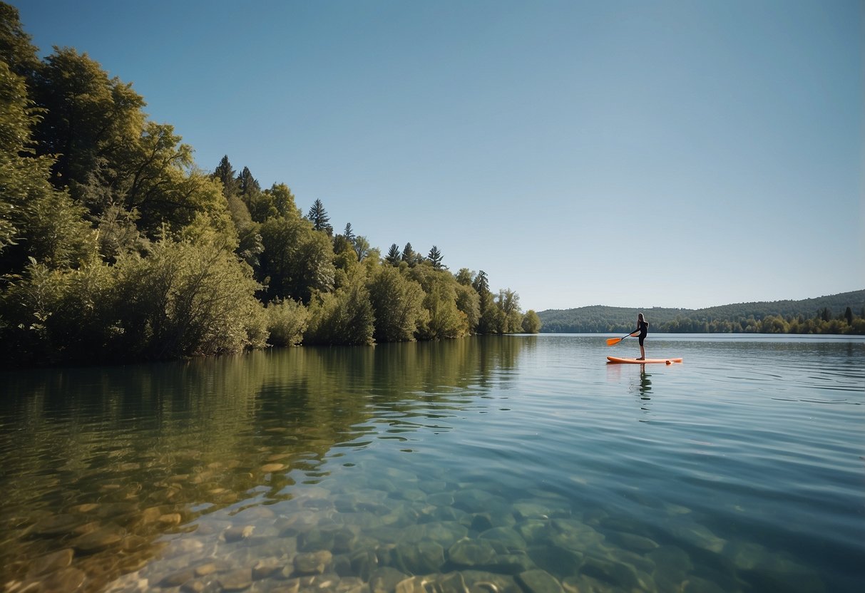 A calm lake surrounded by lush greenery, with a clear blue sky overhead. A paddleboard rests on the shore, ready for use