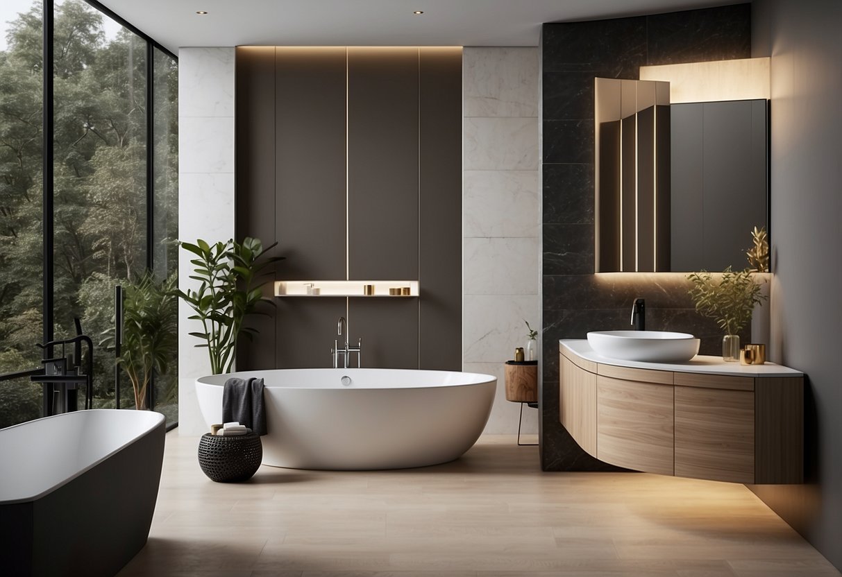 A hand reaches for sleek, modern bathroom furniture in a showroom, carefully selecting the perfect pieces for a luxurious bathroom design