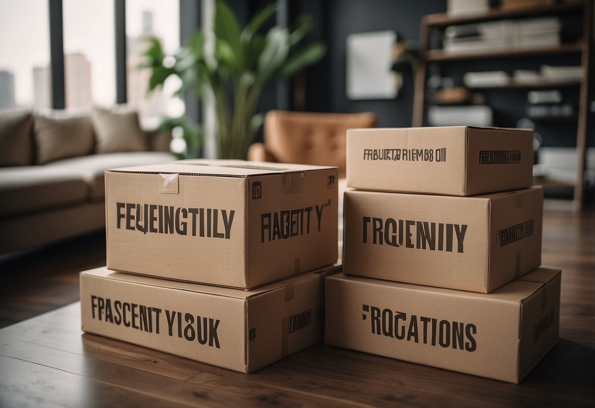 A stack of boxes labeled "Frequently Asked Questions" next to a set of expat furniture