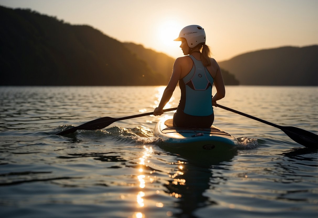 A woman paddles on calm waters, wearing a lightweight helmet. The sun shines as she glides gracefully on her paddleboard