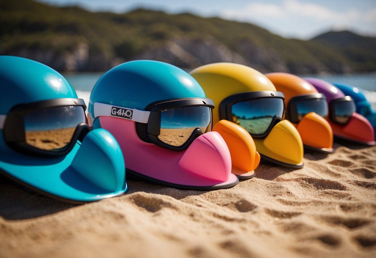 A sunny beach with a colorful Gath Gedi convertible paddleboarding helmet displayed alongside 5 lightweight helmets for women