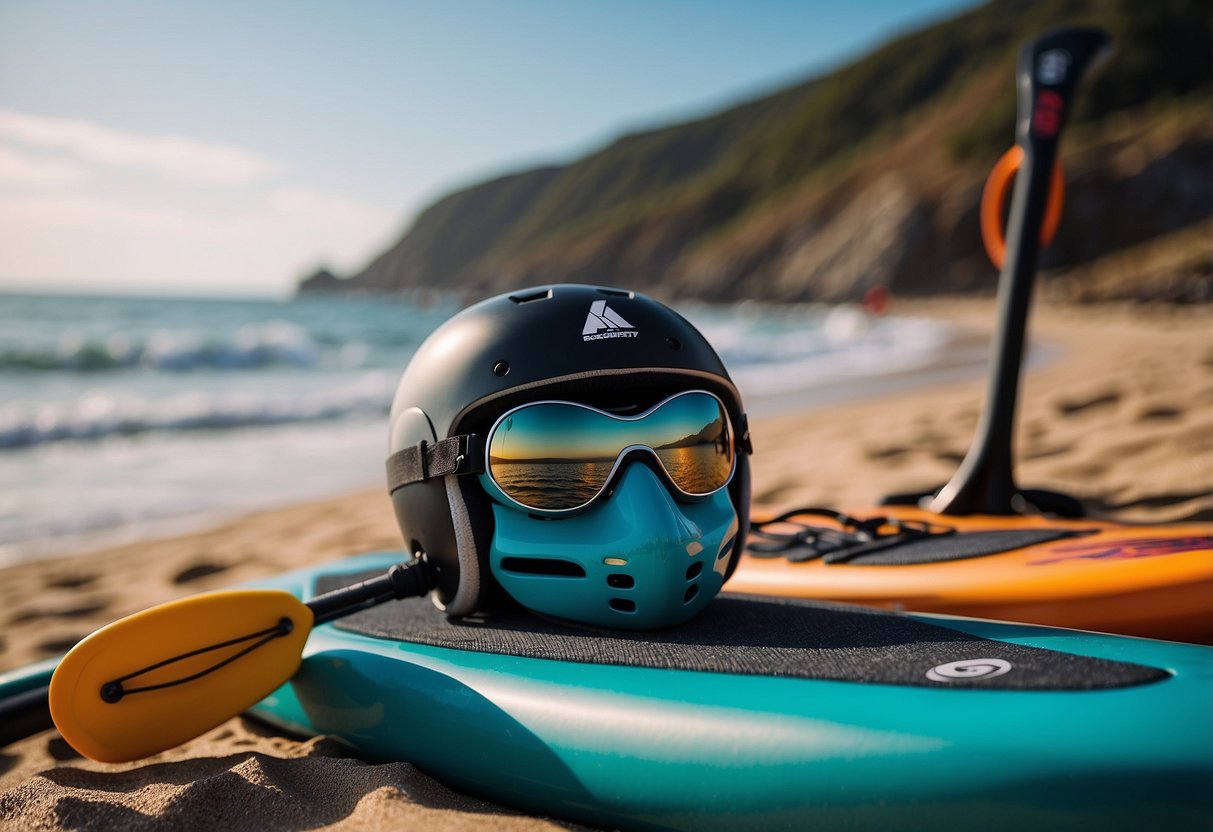 A woman's paddleboarding helmet, Triple Eight Gotham Dual Certified, sits on a beach towel with ocean waves in the background