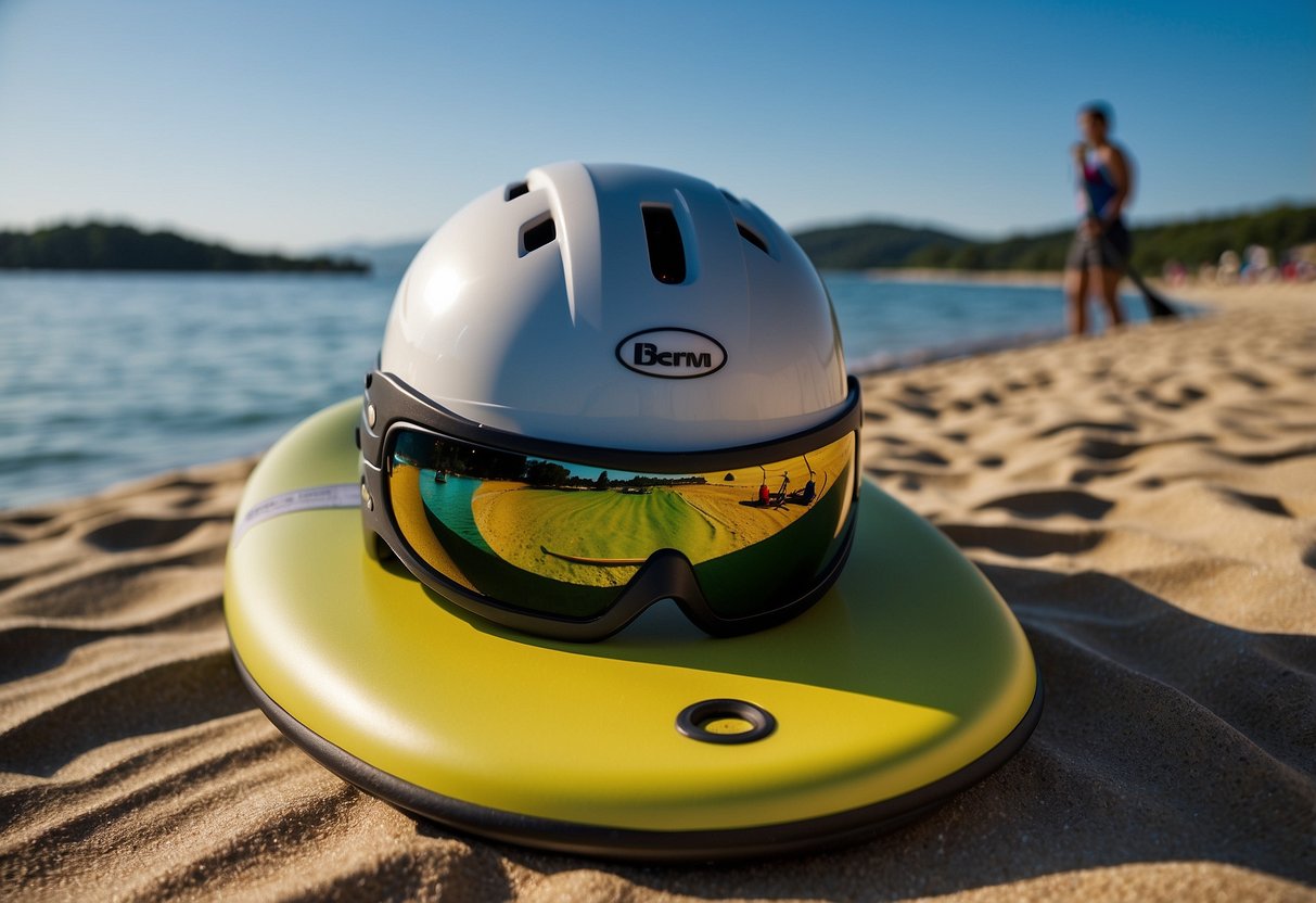 A woman's paddleboarding helmet, Bern Lenox EPS MIPS, sits on a beach towel with other lightweight helmets