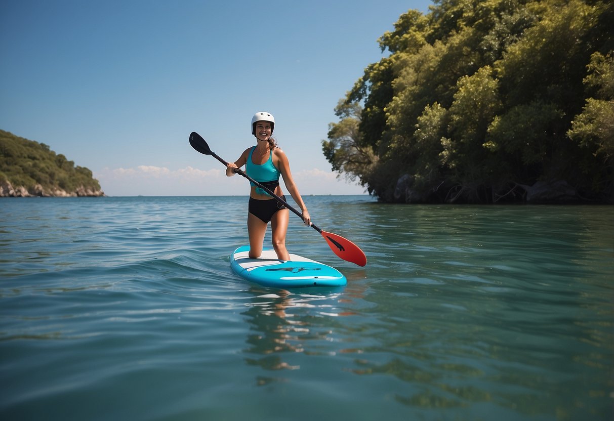 A woman paddleboarding with a lightweight helmet, surrounded by calm water and a clear blue sky