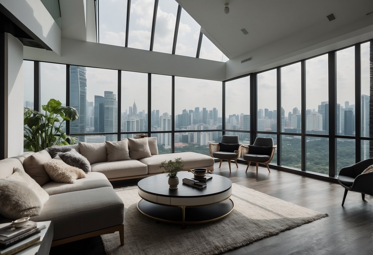 A modern loft in Singapore with sleek furniture and minimalist decor. Large windows flood the space with natural light, showcasing the clean lines and elegant design of the interior