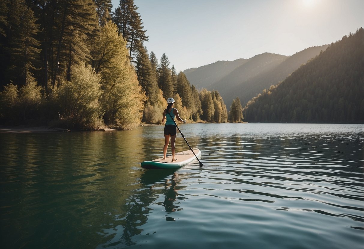 A serene lake with a woman paddleboarding, wearing a lightweight helmet. The sun is shining, and the water is calm, creating a peaceful and safe environment for paddleboarding