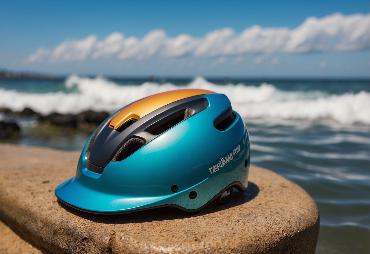 A woman's lightweight paddleboarding helmet with safety certifications displayed, surrounded by ocean waves and a sunny sky