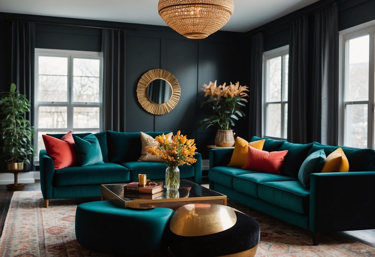 A sleek living room with black furniture accented by pops of vibrant colors like red, gold, and teal. The walls are a neutral shade to complement the bold furniture
