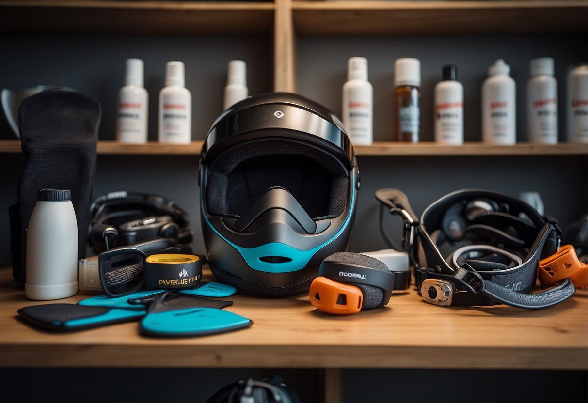 A woman's paddleboarding helmet sits on a neatly organized shelf, surrounded by various maintenance tools and care products